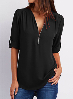 Women's Casual Blouse - Zipped Front / Three Quarter Length Sleeves